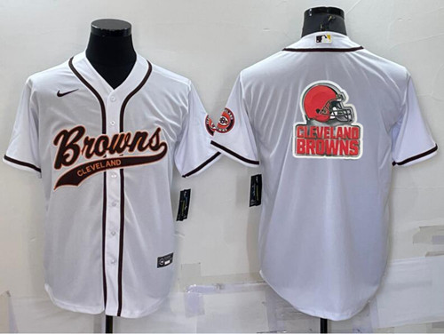 Men's Cleveland Browns White Team Big Logo With Patch Cool Base Stitched Baseball Jersey